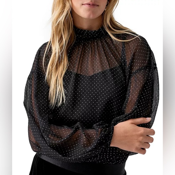 New Sanctuary Sheer Volume Metallic Polka Dot Blouse In Black/Silver Size XS - Picture 1 of 12